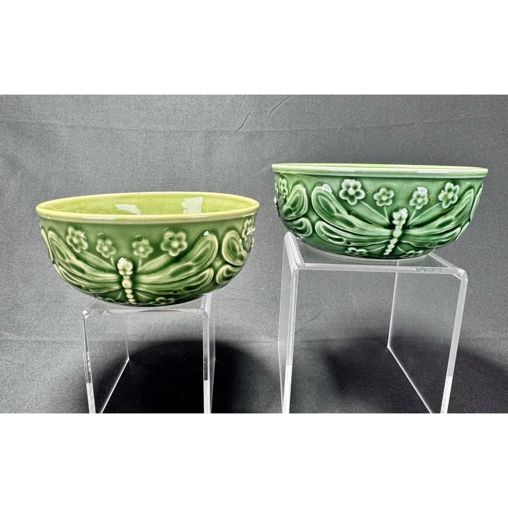 Bordallo Pinheiro Dragonfly Green Majolica Coupe Cereal Bowls 2 Portugal Display
